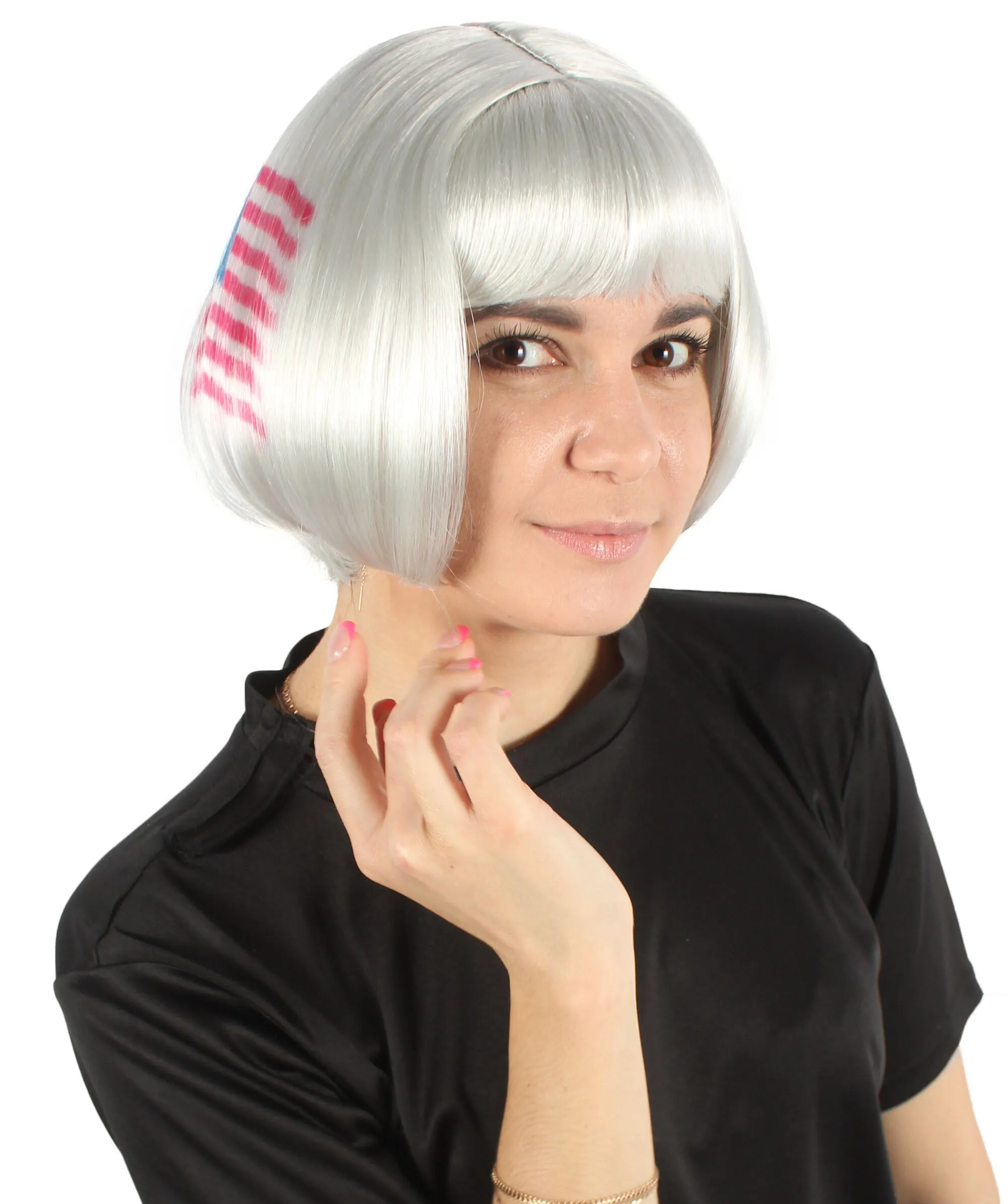 Women’s USA Flag-themed Short Bob Wig with Bangs for Sporting Events, USA Flag Grey Color, Flame-retardant Synthetic Fiber Wig