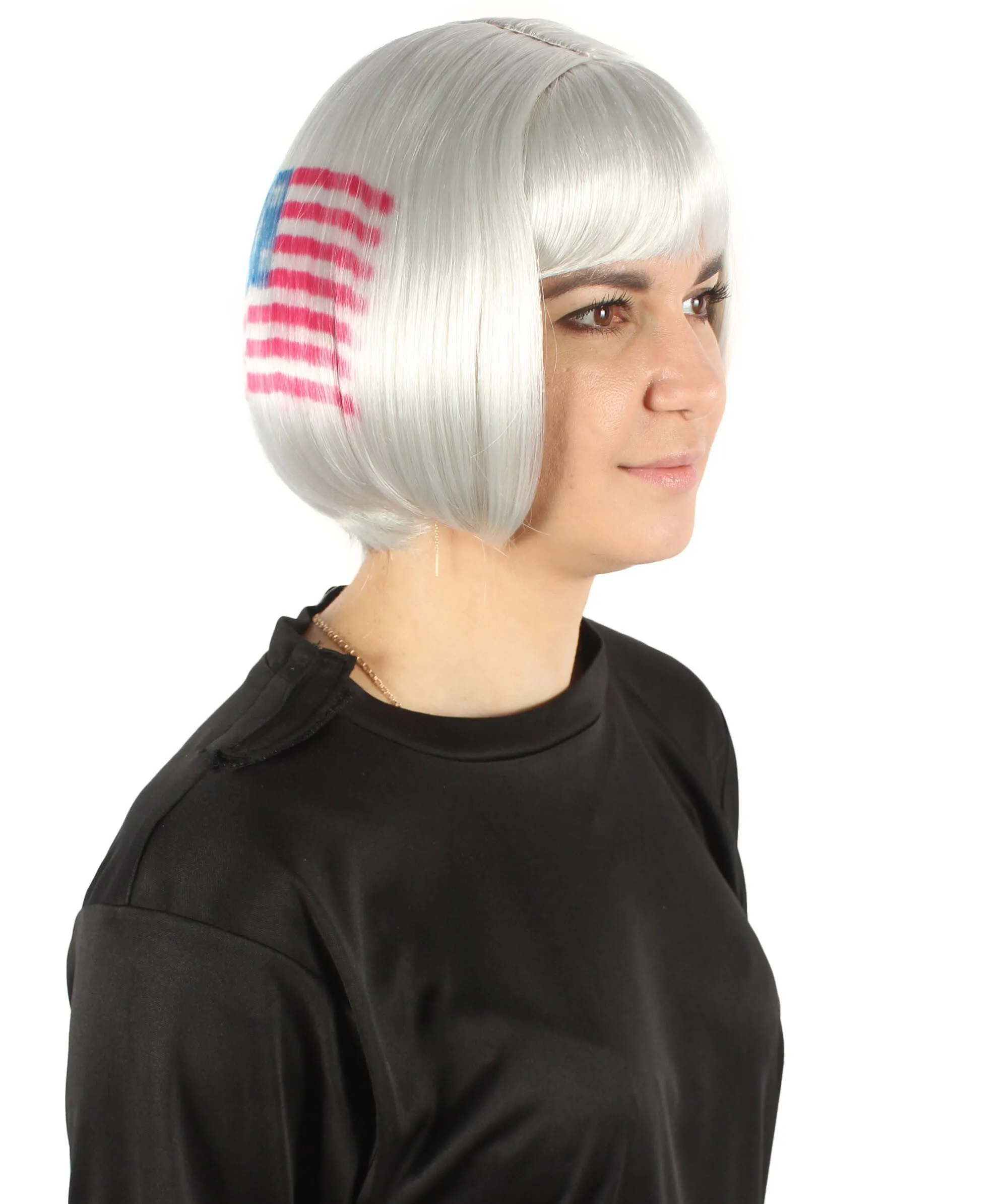 Women’s USA Flag-themed Short Bob Wig with Bangs for Sporting Events, USA Flag Grey Color, Flame-retardant Synthetic Fiber Wig