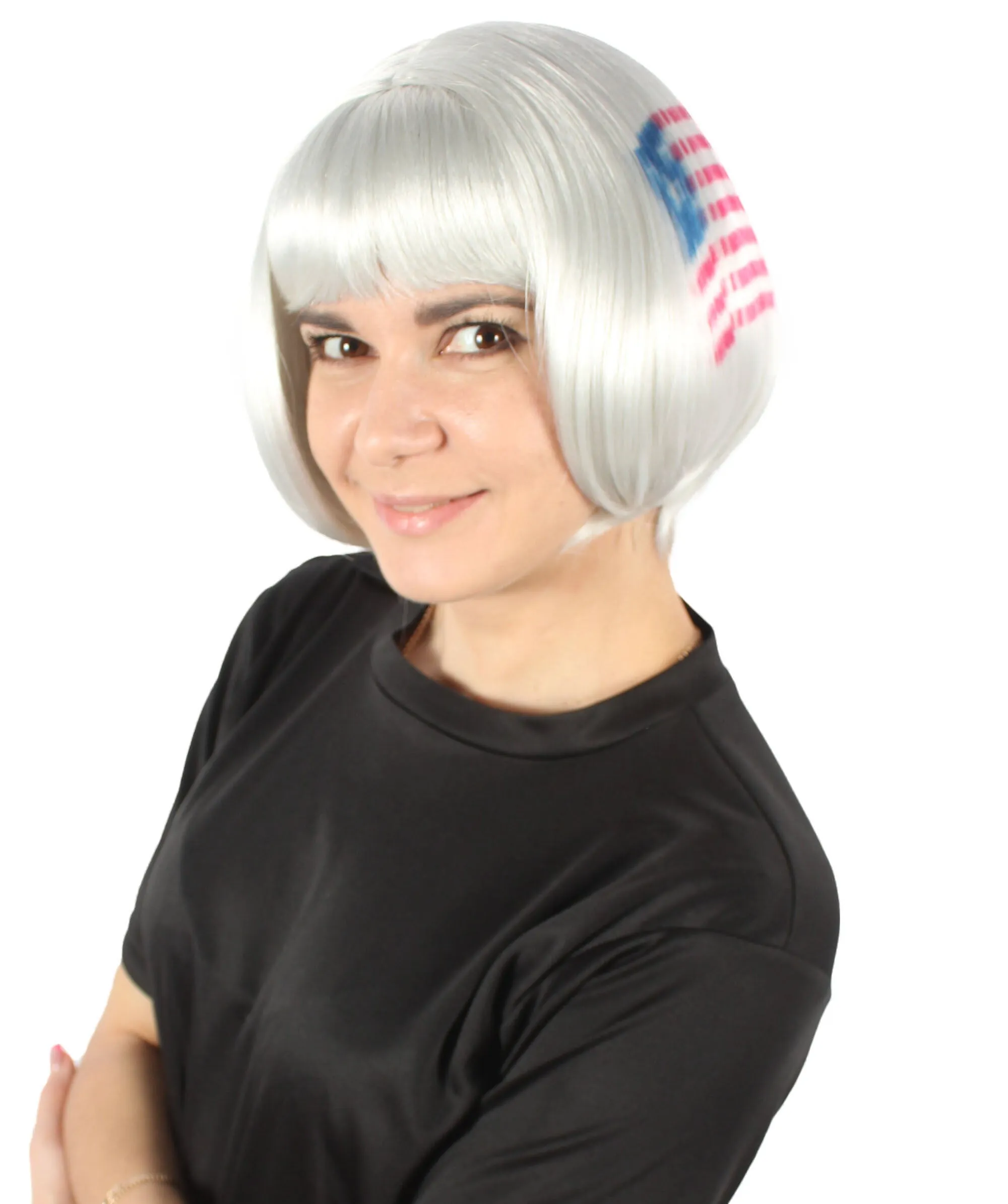 Women’s USA Flag-themed Short Bob Wig with Bangs for Sporting Events, USA Flag Grey Color, Flame-retardant Synthetic Fiber Wig