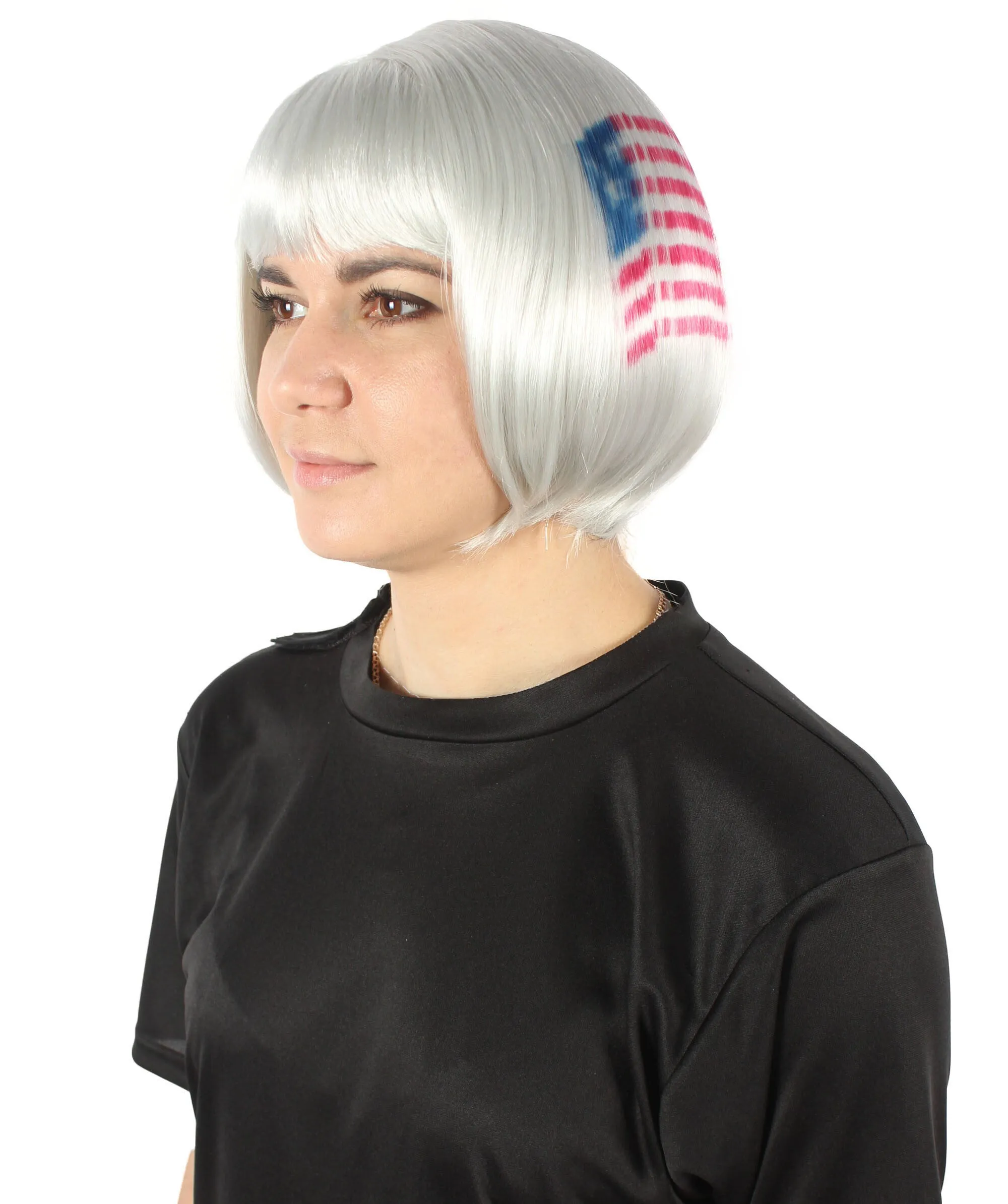 Women’s USA Flag-themed Short Bob Wig with Bangs for Sporting Events, USA Flag Grey Color, Flame-retardant Synthetic Fiber Wig