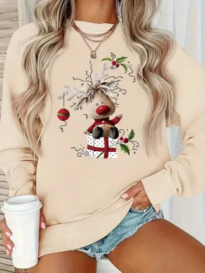 Y2K Style - Cartoon Christmas Reindeer Pattern Women's Round Neck Pullover Casual Sports Long-sleeved Plush Lined Sweater Pullover Top